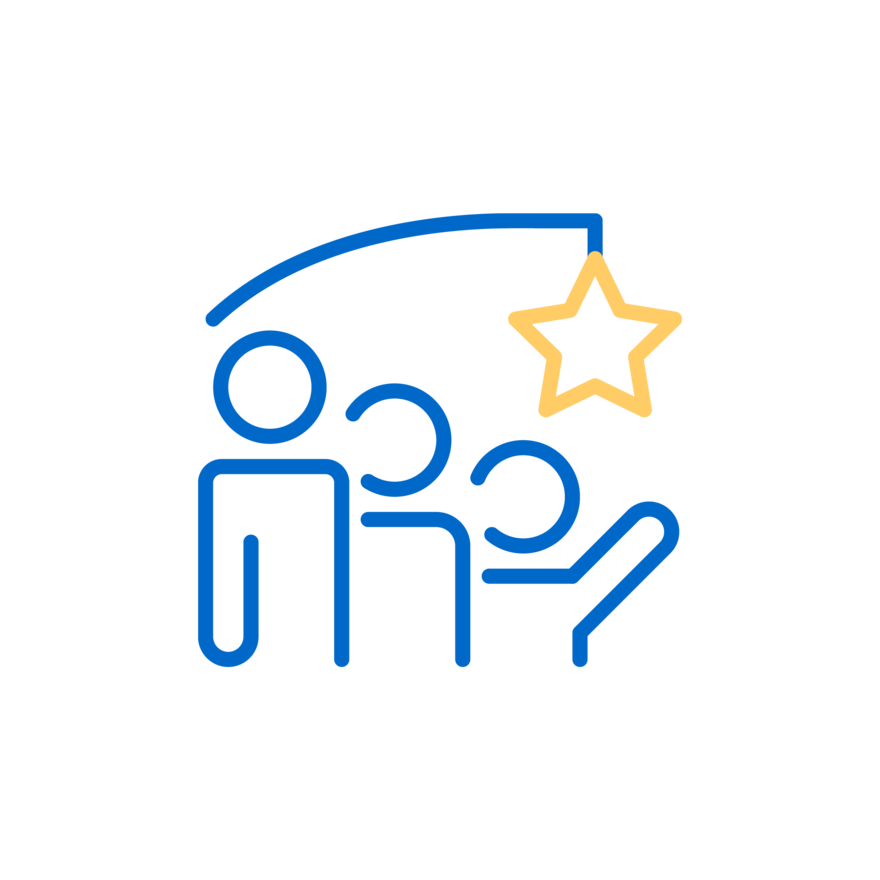 Icon zum Prinzip "Zukunftsbild der Marke": Strichzeichnung von drei Personen, über ihnen hängt ein Stern